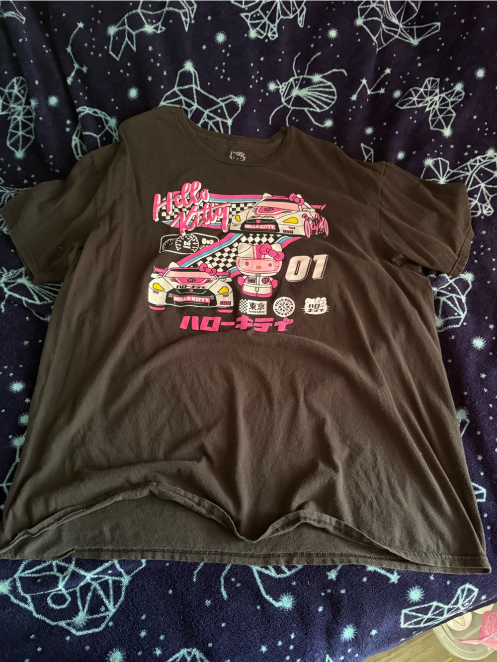 Black Graphic Tee with Pink hello kitty Retro Race Car Design